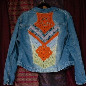Vintage Denim Jacket with Crochet Detailing on front and back
